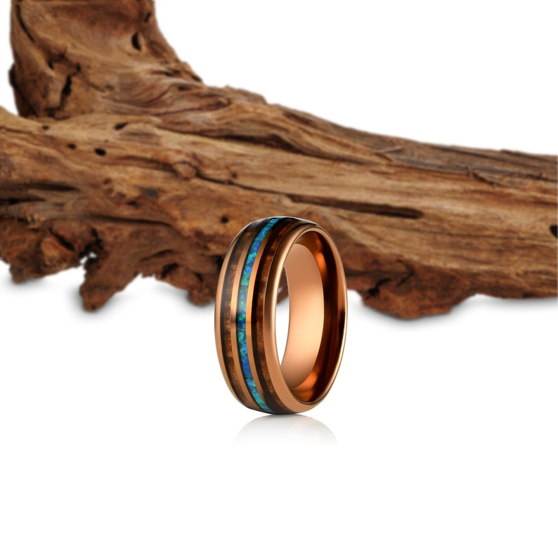 Rose Gold Tungsten Wood Ring, Opal wood ring, Wooden Ring for Men, wooden wedding Ring, Wood Wedding Band, Shell, Hawaiian Koa , 8mm ring image 7