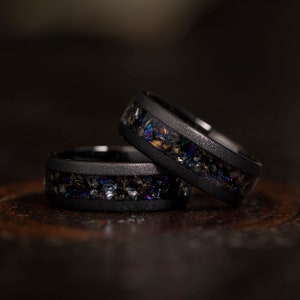 Domed Galaxy opal and Meteorite ring, Black sandblasted wedding Ring, Nebula ring Brushed Tungsten Band, black meteor ring Meteorite Wedding