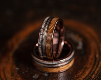 Fishing Line ring with Whisky Barrel Wood and antler, fishing line ring, wooden wedding Ring, fishing ring, outdoorsmen ring, Antler ring