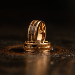 Antler Hammered wedding Ring with charred whiskey barrel and Antler, Antler ring Ring, rose gold wood ring, Whiskey barrel ring, Antler Band image 8