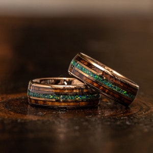 Rose Gold Tungsten Wood Ring, Opal wood ring, Wooden Ring for Men, wooden wedding Ring, Wood Wedding Band, Shell, Hawaiian Koa , 8mm ring image 6
