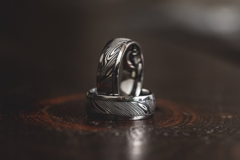 Damascus With Polished Tungsten Shell Steel Ring Band 8mm Ring Etsy