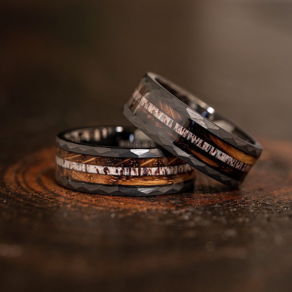 Black Hammered wedding Ring with charred whiskey barrel and image 1