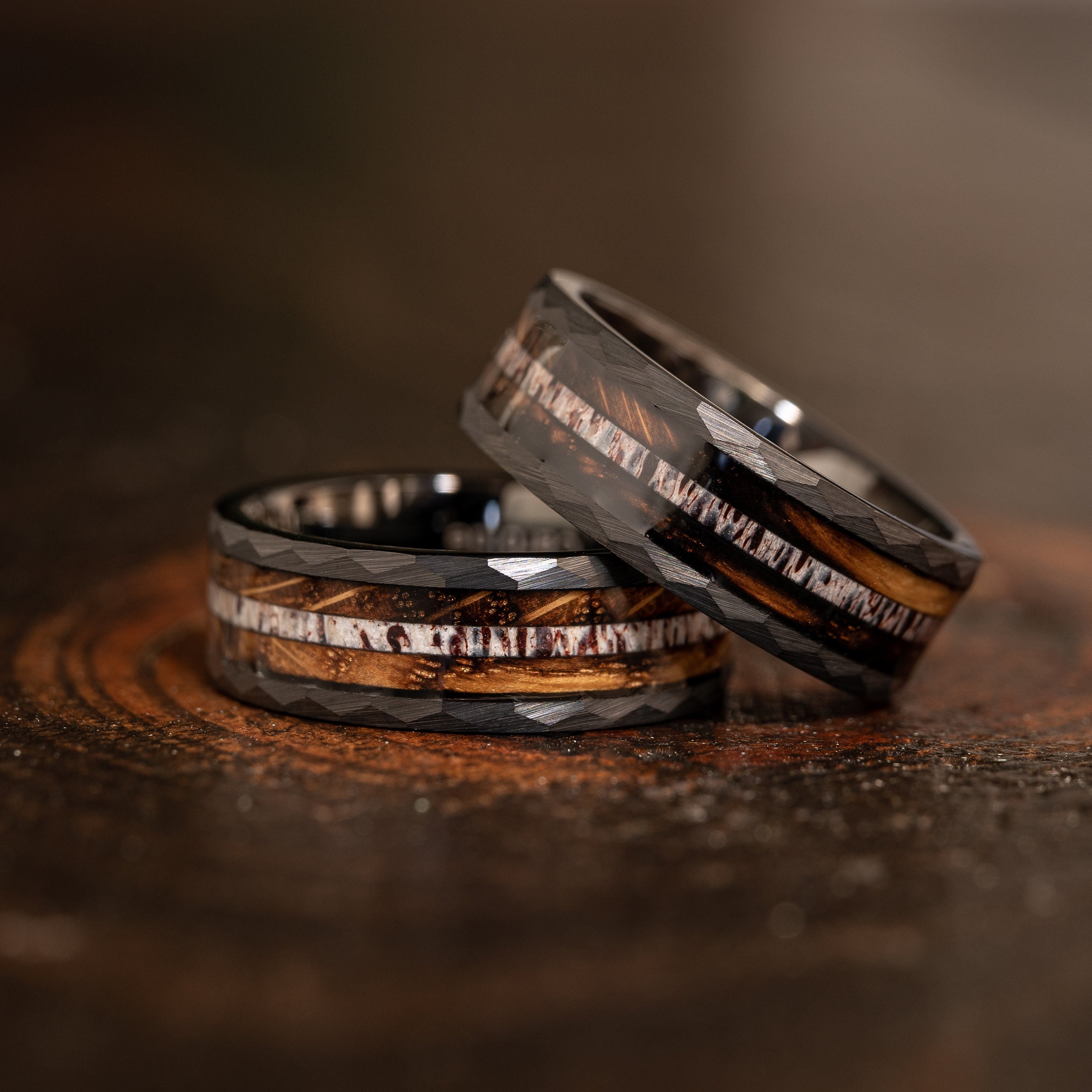 Buy Black Hammered Wedding Ring With Charred Whiskey Barrel and