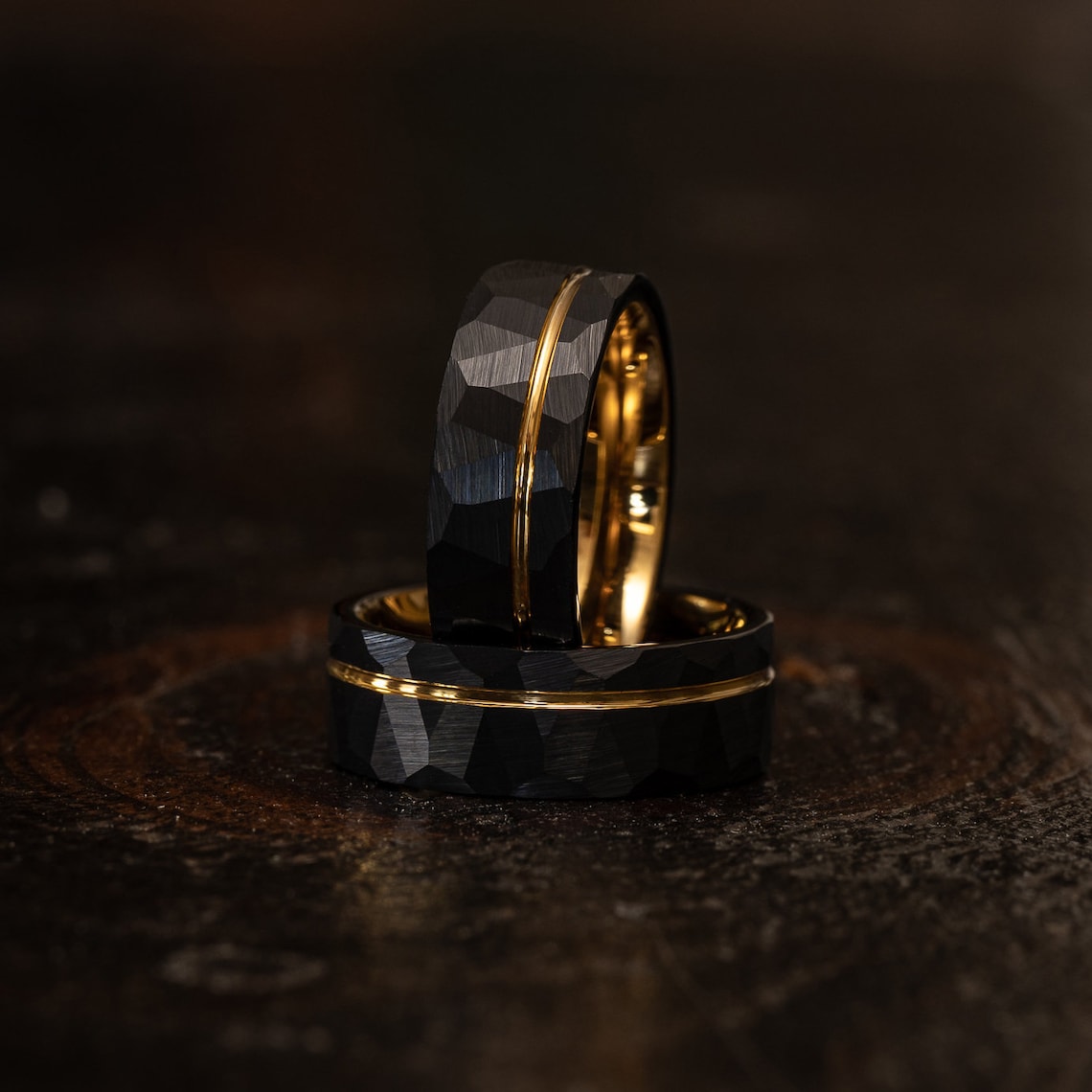 Yellow Gold Black Hammered wedding Ring Hammered Brushed image 1