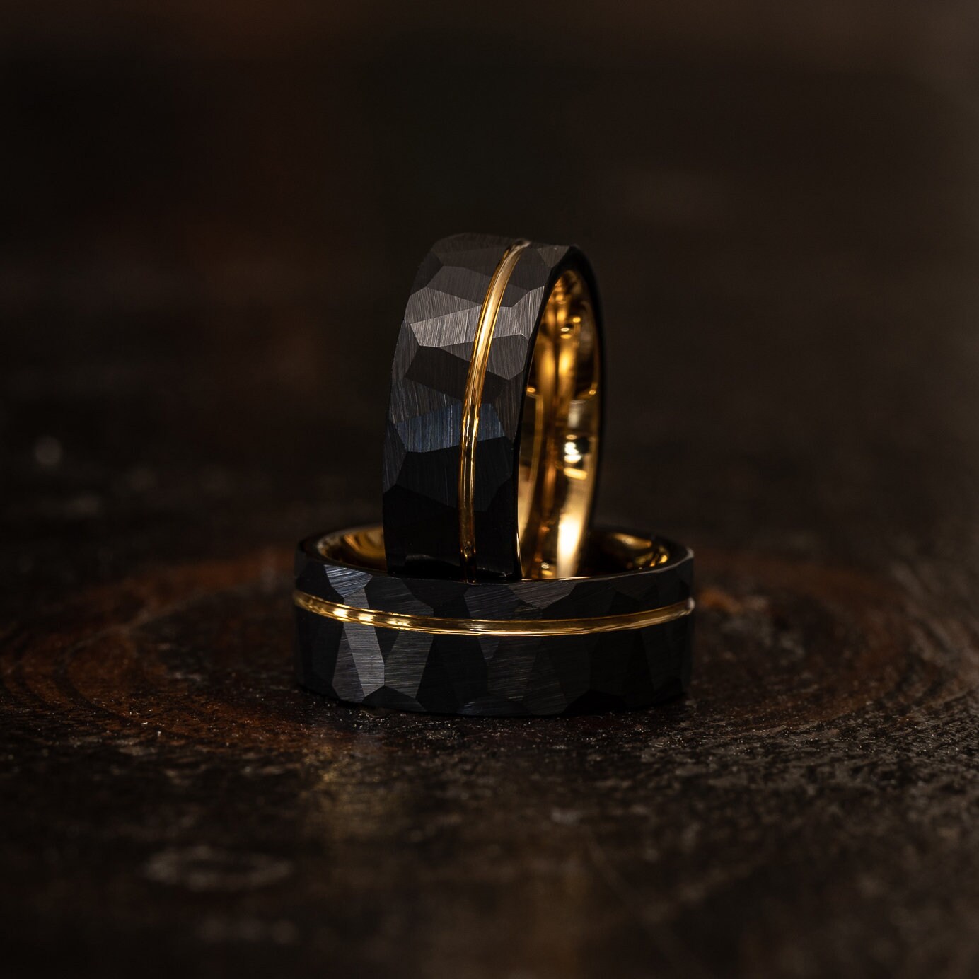 Yellow Gold Black Hammered wedding Ring, Hammered Brushed Tungsten Ca…