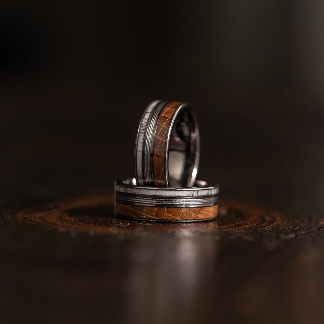 Fishing Line Ring With Whisky Barrel Wood and Antler, Fishing Line Ring
