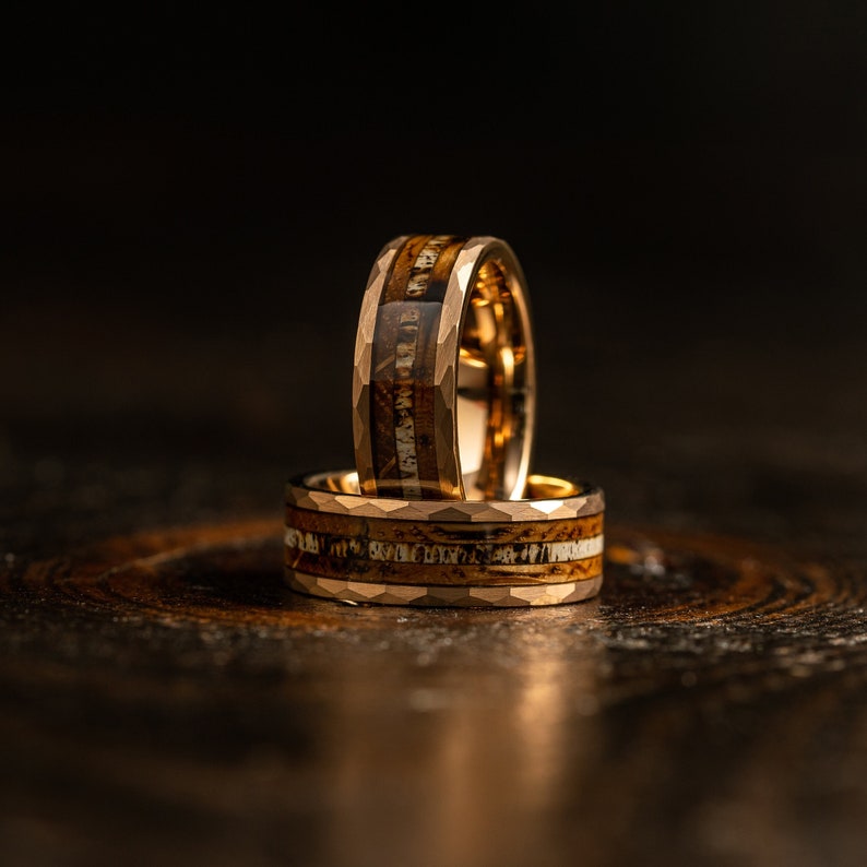 Antler Hammered wedding Ring with charred whiskey barrel and Antler, Antler ring Ring, rose gold wood ring, Whiskey barrel ring, Antler Band image 1