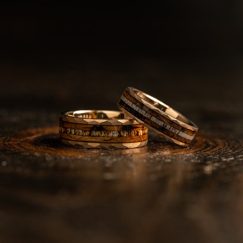 Antler Hammered wedding Ring with charred whiskey barrel and Antler, Antler ring Ring, rose gold wood ring, Whiskey barrel ring, Antler Band image 2