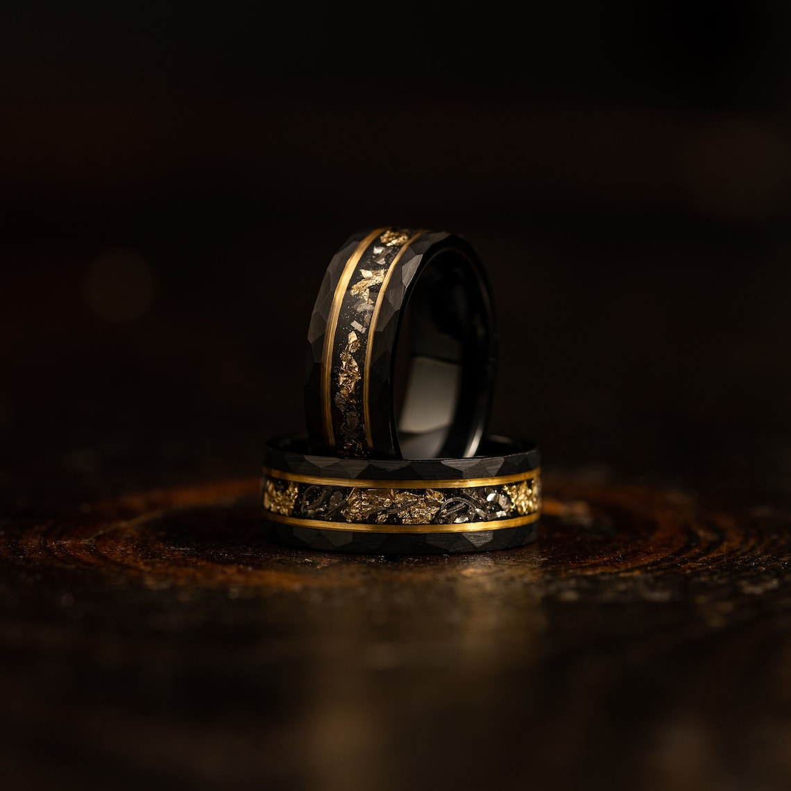 Hammered Gold Leaf and Meteorite ring Black Hammered wedding image 1