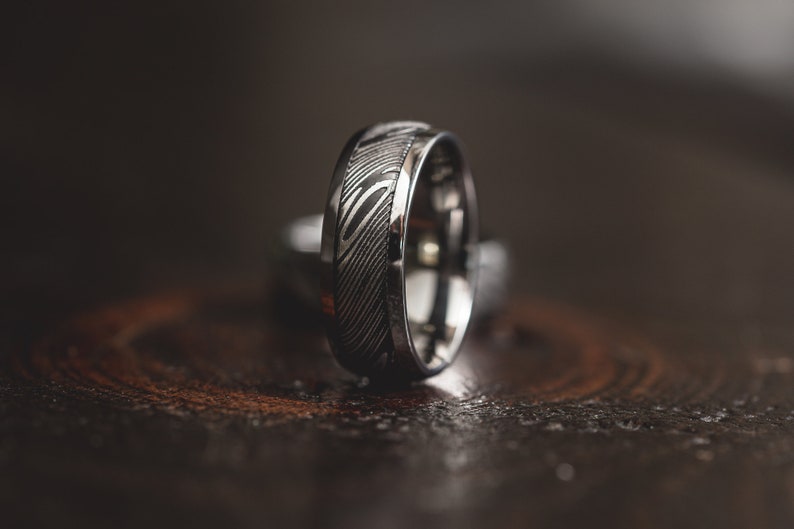 Damascus With Polished Tungsten Shell Steel Ring Band 8mm Ring Etsy