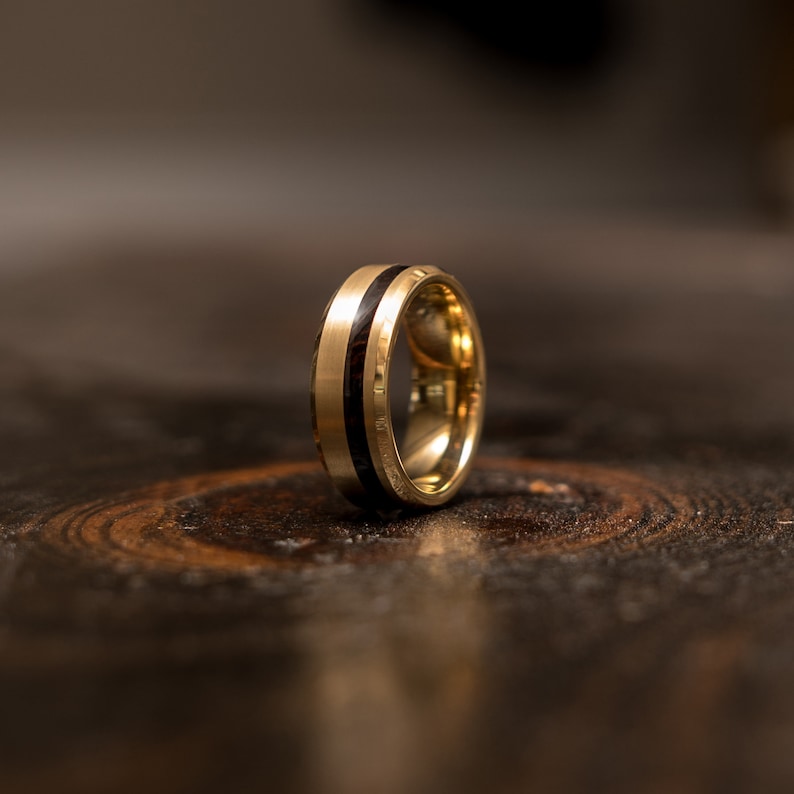 YGO tungsten wood ring Wood wedding band Mens wood,5 Year Anniversary Wooden Ring Wood Ring Wood inlay Ring yellow gold tungsten Ring