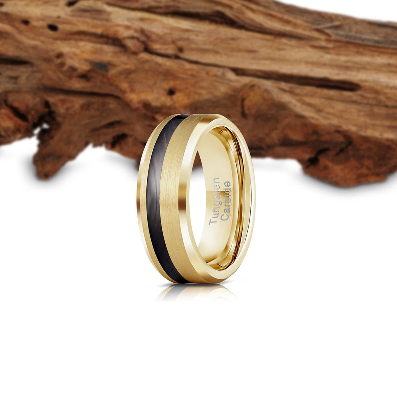 YGO tungsten wood ring Wood wedding band Mens wood,5 Year Anniversary Wooden Ring Wood Ring Wood inlay Ring yellow gold tungsten Ring