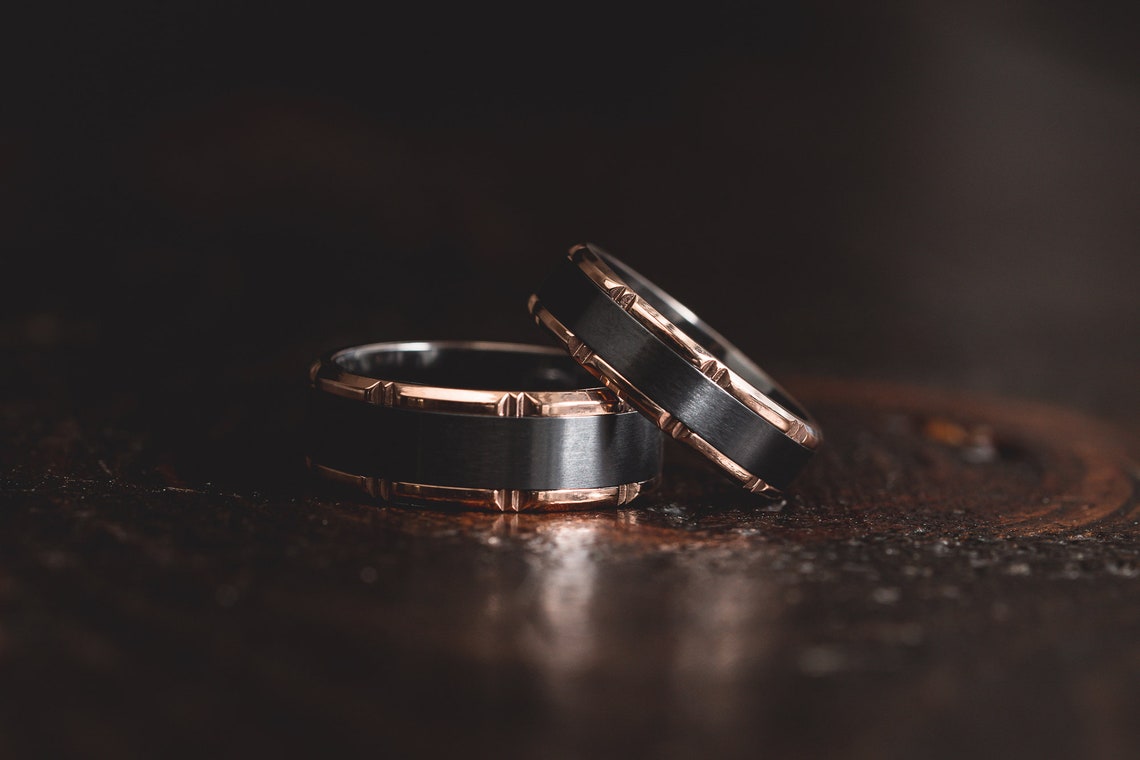 Hammered Black/Rose Gold Black Zirconium Wedding Ring Black image 4