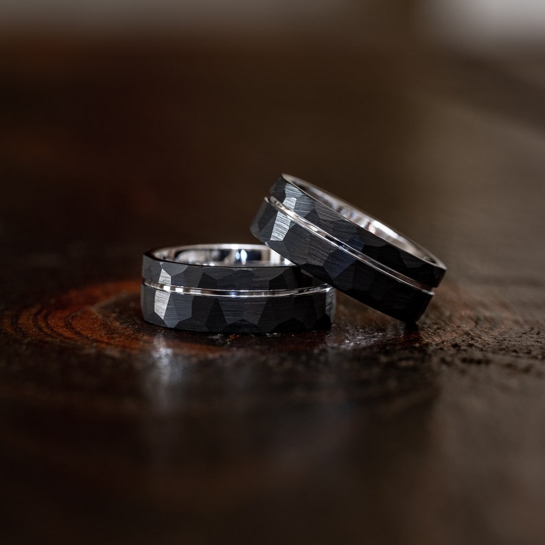 Black Hammered wedding Ring, Hammered silver Tungsten Carbide Band, white gold strip, Mens Ring, 8mm Tungsten, Wedding Band, Brushed Ring image 5