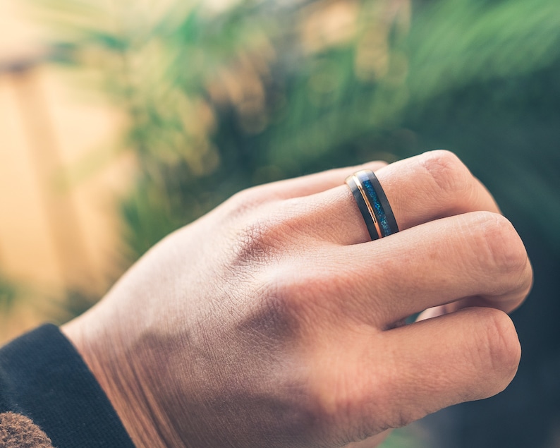 Black wedding Ring, Mens opal ring, Brushed black Tungsten Carbide Band, Rose gold , Mens Ring, 8mm Tungsten, Wedding Band, Brushed Ring image 3