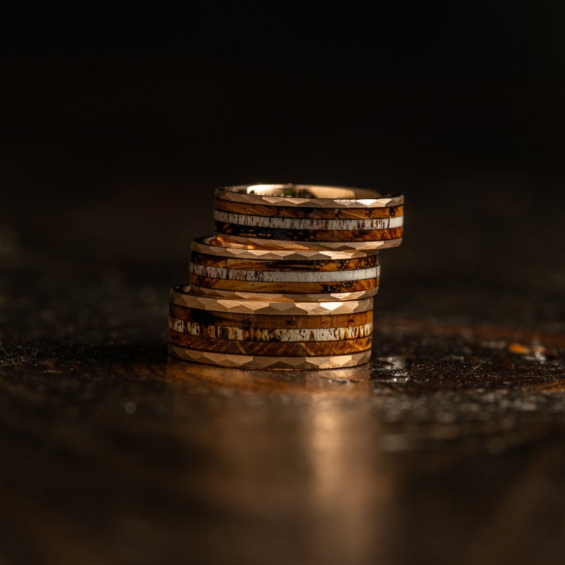 Antler Hammered wedding Ring with charred whiskey barrel and Antler, Antler ring Ring, rose gold wood ring, Whiskey barrel ring, Antler Band image 3