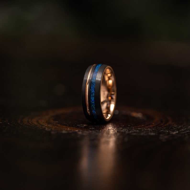 Black wedding Ring, Mens opal ring, Brushed black Tungsten Carbide Band, Rose gold , Mens Ring, 8mm Tungsten, Wedding Band, Brushed Ring image 4