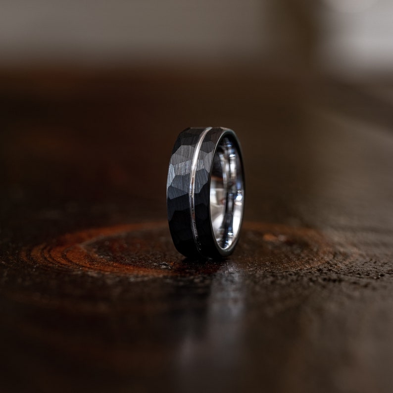 Black Hammered wedding Ring, Hammered silver Tungsten Carbide Band, white gold strip, Mens Ring, 8mm Tungsten, Wedding Band, Brushed Ring image 3