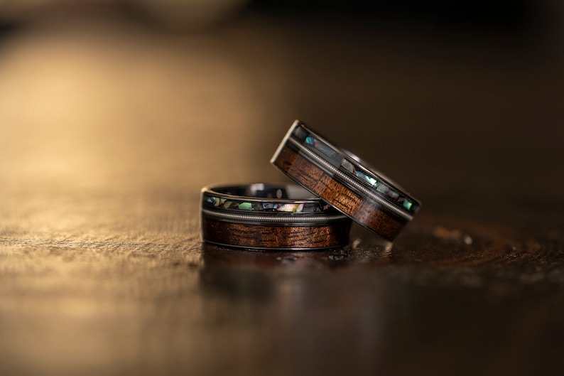 Guitar string ring with Hawaiian Koa Wood and abalone, guitar string ring, wooden wedding Ring, musician ring, guitarist ring, Koa image 3