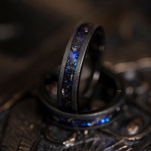 5mm Flat Galaxy opal and Meteorite ring, Black sandblasted wedding Ring, Nebula ring, Tungsten Band, black meteor ring, womens Wedding Band