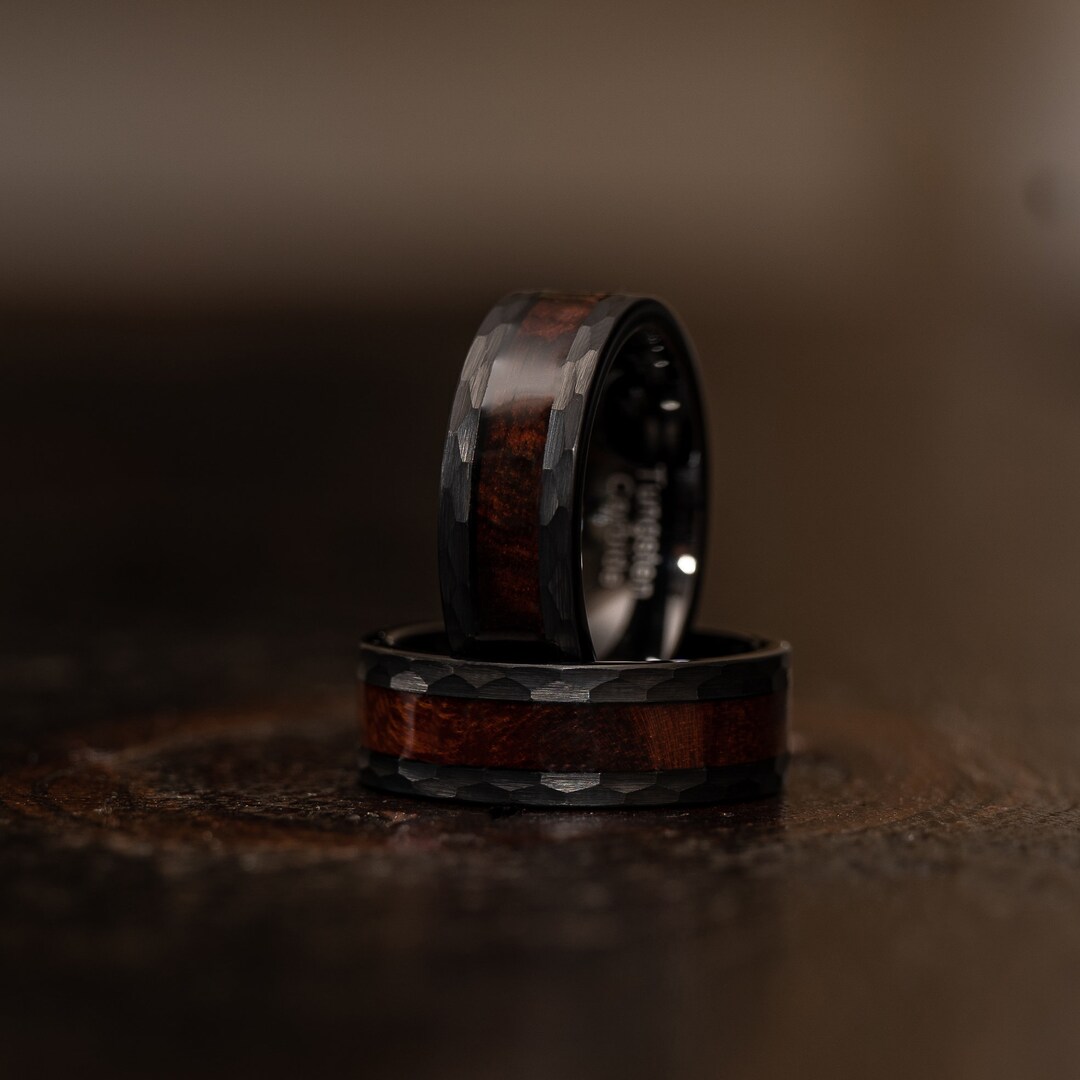 Black Hammered Ring With Wood Inlay, Hammered Brushed Tungsten Band, Black Wood Ring, Mens Ring