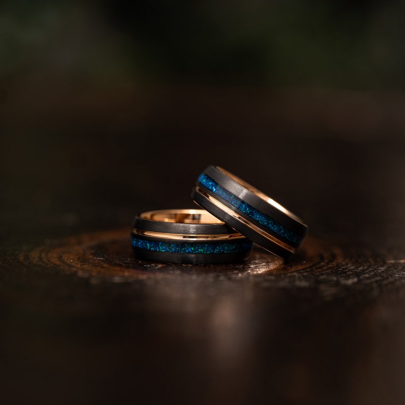 Black wedding Ring, Mens opal ring, Brushed black Tungsten Carbide Band, Rose gold , Mens Ring, 8mm Tungsten, Wedding Band, Brushed Ring image 2