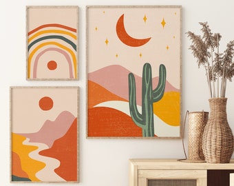 Desert Set Of 3 Prints, Boho Cactus Prints, Boho Rainbow Prints, Desert Wall Art, Cactus Wall Art, Boho Wall Art, Boho Nature Prints