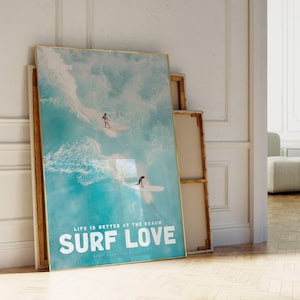 Surf Love Movie Poster and Magazine Cover Style Print, Surf Wall Art, Blue Coastal Surf Up Poster, Ocean Art Print, Aesthetic Surfer Gift
