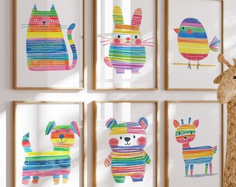 Rainbow Animal Nursery Prints, Safari Decor Set of 6 (Digital Download)