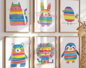 Safari Animal Prints,  Set of 6, Nursery Prints, Safari Nursery, Kindergarten, Forest Animals, Prints for Nursery, Preschool Classroom Decor