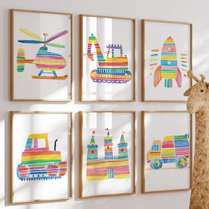 Construction Trucks Prints, Set of 6, Construction Nursery Decor Boy Room Wall Art Playroom Truck Vehicles Transportation Print Truck Prints