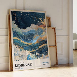 Japanisches Poster, Japanische Wandkunst, Japanische Drucke, Japanischer Ozean, Japandi Wandkunst Nautische Kunst Gold Blau Wellendruck, Wabi Sabi Wandkunst