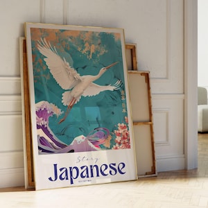 Impresión de estilo japonés de grullas voladoras: elegante póster japonés para una decoración minimalista del hogar, estética zen, obra de arte de estilo japonés.