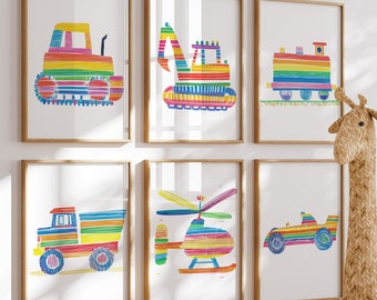 Rainbow Construction Trucks Print Set, Boy Nursery Decor (Digital Download)