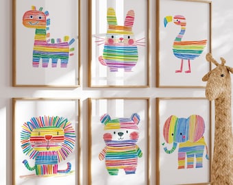 Safari Animal Nursery Prints, Rainbow Decor Set of 6 (Digital Download)