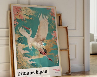 Flying Cranes Japandi Style Print, Elegant Japanese Garden & Japandi Decor for Home, Minimalist Asian-Inspired Wall Hanging Japanese Artwork