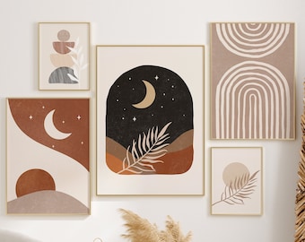 Boho Gallery Wall Set, Beige Wall Art Set, Boho Art Set of 5,  Bohemian Wall Art Abstract Wall Art, Neutral Wall Art Prints, Modern Wall Art