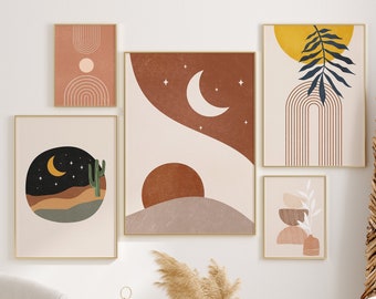 Boho Art Set of 5 Prints, Boho Wall Art, Boho Gallery Wall Set, Boho Print, Neutral Wall Art Prints, Modern Wall Art, Leaf Print, Moon Print