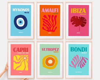 Travel Poster Set: Mykonos, Amalfi, Ibiza, Bondi (Digital Download)
