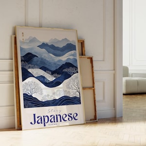 Japanische Wandkunst, Japanisches Grasland, Japanischer Garten, japanische Drucke, Japandi Wandkunst, blaue Landschaft japanisches Plakat-Druck