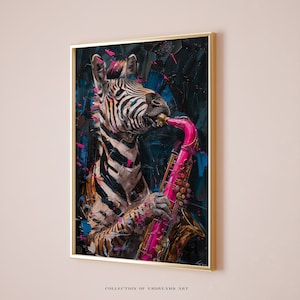 Music Poster, Zebra Wall Art, Instrument Wall Art, Trumpet Prints, Saxophone Painting, Orchestra Art, Musical Instruments Instrumental Print