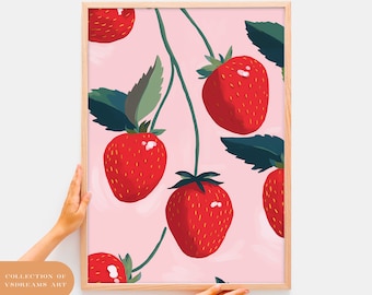 Strawberry Oil Painting Print, Whimsical Kitchen Wall Art (Digital Download)