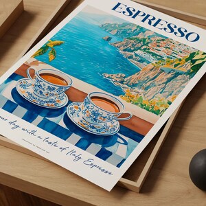 May include: A watercolor illustration of two cups of espresso on a table with a checkered tablecloth. The background is a scenic view of a coastline with a blue ocean and green cliffs. The text "Espresso" is in large, bold letters at the top of the image. The text "Your day with a taste of Italy Espresso" is at the bottom of the image.