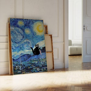 The Starry Night, Van Gogh Poster, Famous Painting, Funny Cat Van Gogh Painting Van Gogh Cat Poster, Black Cat Art, Funny Cat Print