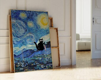 The Starry Night, Van Gogh Poster, Famous Painting, Funny Cat Van Gogh Painting Van Gogh Cat Poster, Black Cat Art, Funny Cat Print