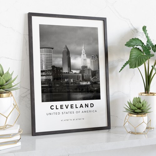 Cleveland Print Black and White Skyline Cleveland Wall Art Etsy