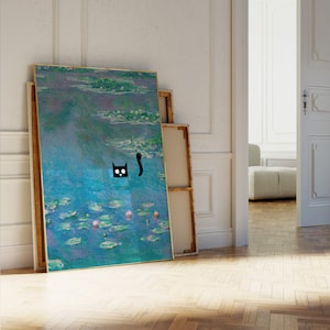 Monet Waterlily Cat Print, ClaudeCat Famous Painting, Funny Cat Painting Monet Cat Poster, Black Cat Art, Floral Print, Funny Cat Print