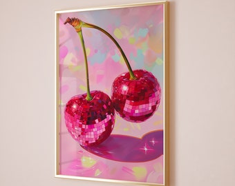 Disco Cherry Art Print, Glam Disco Ball, Dorm Room, Vintage Art, Coquette Wall Art, Preppy, Trendy, Cherry Disco Ball Prints, Dopamine Decor