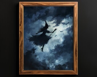 Witch Flying with Broom Moonlight Print - Mystical Wall Art, Halloween Decor, Printable Halloween Art, Witch Oil Painting, Moody Wiccan Art